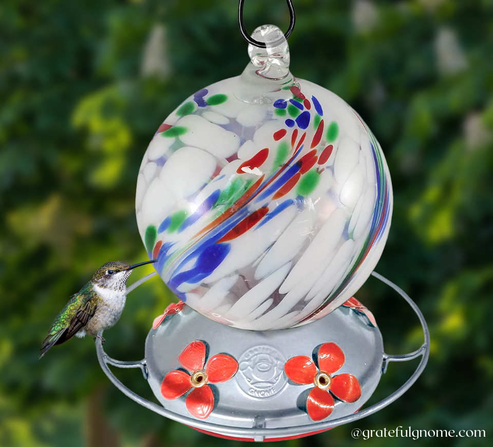 White Globe with Color Swirl Hummingbird Feeder Grateful Gnome