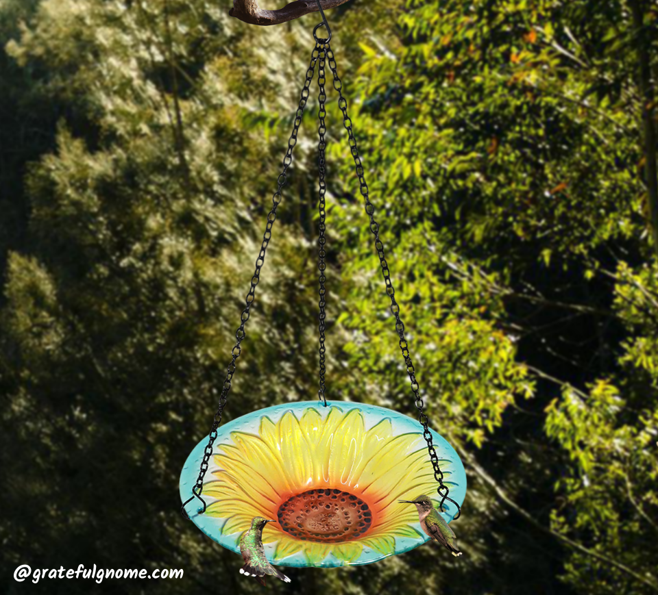 Yellow Sunflower Hanging Hand Painted Glass Bowl Bird Bath Grateful Gnome