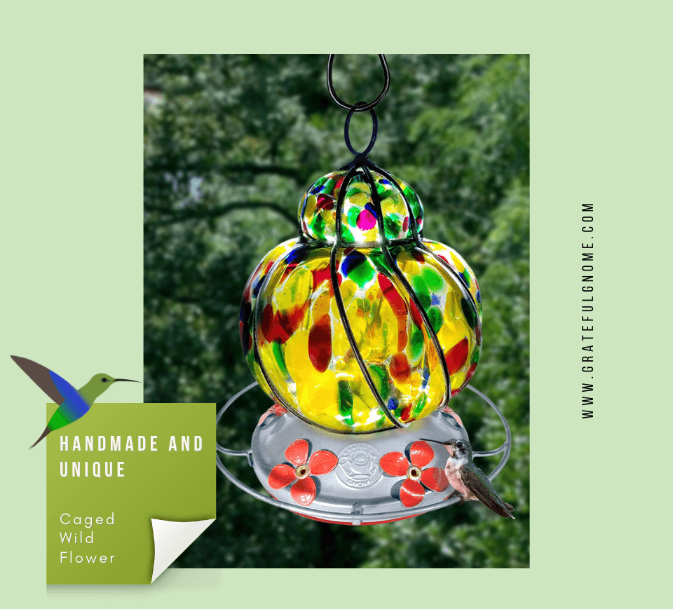 Caged Wild Flower Grateful Gnome Hand Blown Glass Hummingbird Feeder