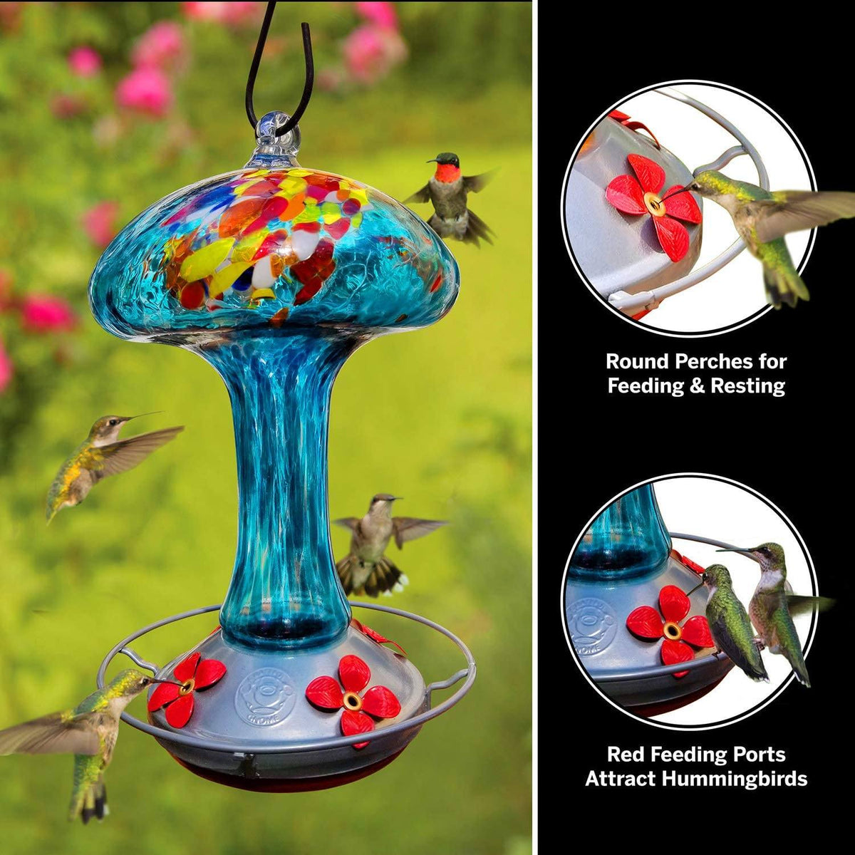 Blue Mushroom Hummingbird Feeder 32 Fluid Ounces Grateful Gnome