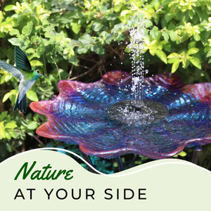 Hand Painted Glass Bird Bath - Purple Sunrise Bird Bath with Stand and Solar Fountain