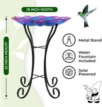 Load image into Gallery viewer, Hand Painted Glass Bird Bath - Purple Sunrise Bird Bath with Stand and Solar Fountain