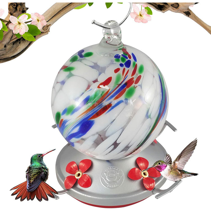 White Globe with Color Swirl - Hand Blown Glass Hummingbird Feeders - 24 Fluid Ounces Lawn & Patio Grateful Gnome