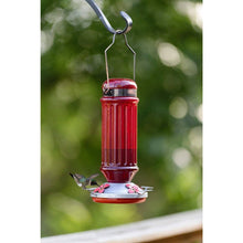 Load image into Gallery viewer, Antique Bottle Red Glass Hummingbird Feeder with Metal Clamp Hanger - 28 Fluid Ounces Hummingbird Feeders Grateful Gnome 