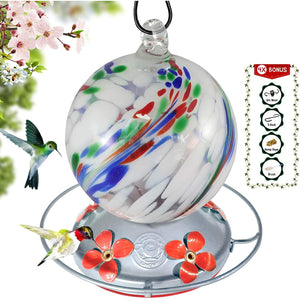 White Globe with Color Swirl - Hand Blown Glass Hummingbird Feeders - 24 Fluid Ounces Lawn & Patio Grateful Gnome