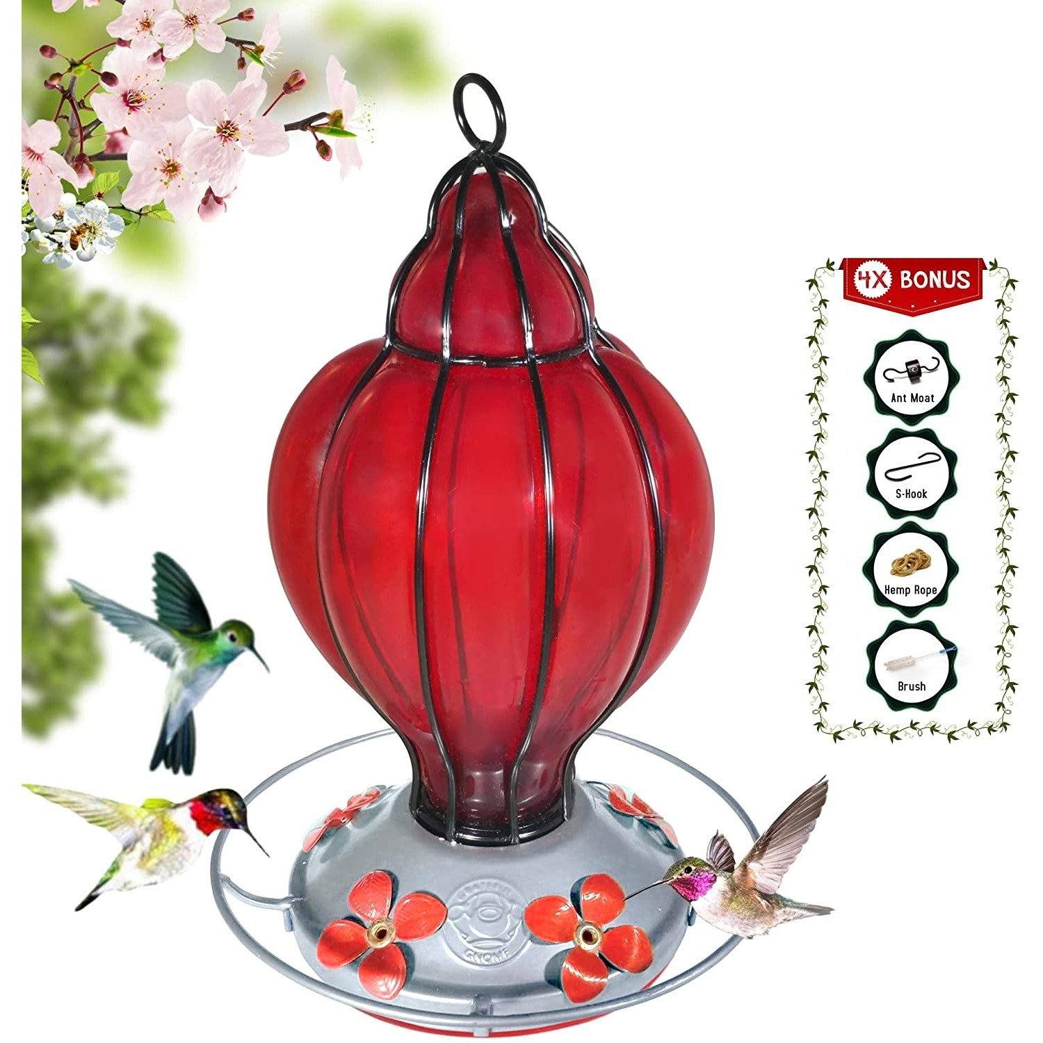 Red Lantern - Hummingbird Feeder - Hand Blown Glass - 28 Fluid Ounces Hummingbird Feeders Grateful Gnome 